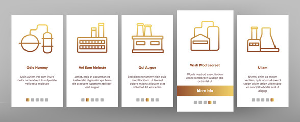 Factory Industrial Onboarding Icons Set Vector. Factory, Truck Terminal, Power Station Chimney, Mine, Warehouse And Greenhouse Illustrations