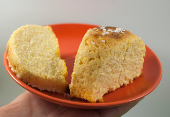 Fototapeta na wymiar homemade cheesecake serving on red plate on palm