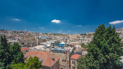 Fototapeta na wymiar Panorama of Jerusalem Old City and Temple Mount timelapse hyperlapse from Austrian Hospice Roof, Israel