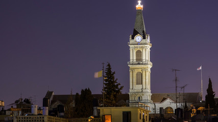 Fototapeta premium Church clock tower timelapse - Terra Santa High School in Old Jerusalem. Israel