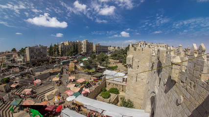 View from the top of Damascus gate to Jerusalem Old Town timelapse. Israel.