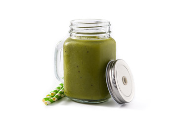 Healthy green smoothie with spinach,mint, kiwi, ginger and green apple isolated on white background