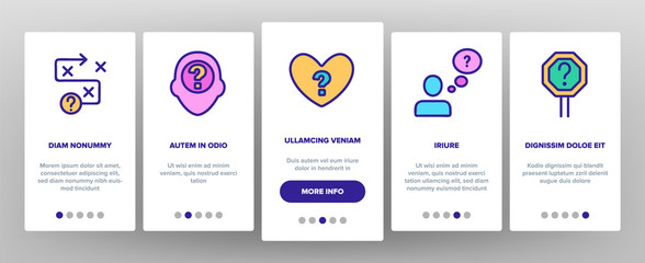 Doubt And Confusion Onboarding Icons Set Vector. Doubt Human And Brain, Question Mark In Quote Frame And On Box Illustrations
