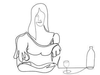 One continuous line drawing of Female character sitting at the table with glass of wine. Lady in restaurant at a bar