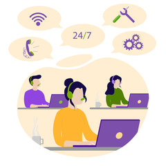 Clients Support, Helpline for Customers, Online Technical Assistance Flat Vector Concept. Call Center Operators in Headset, Sitting at Desk, Communicating, Messaging, Answering Questions Illustration