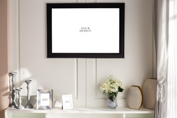 Naklejka na ściany i meble American style picture frame mock up on the wall with living room shelves