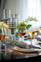 Food and wine dishes on the table, decorated food