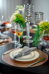 Food and wine dishes on the table, decorated food