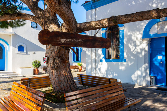 Monastery of St. Nicholas in Lake Vistonida, Porto Lagos, Xanthi regional unit, Greece, exterior partial view. Wooden semantron hanging from the tree