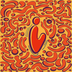 I letter. Handwritten round letter with shadow in trendy colors. Abstract pattern of different curved shapes around. Hand drawn style design element. Vector illustration. Educational card for kids