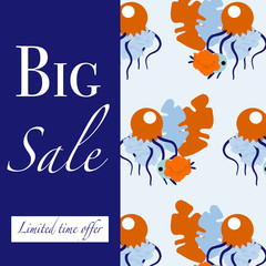big sale ad banner with blue and orange jellyfish and blue leaves