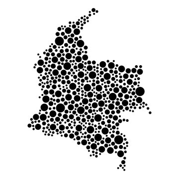 Colombia map from black circles of different diameters or spots, blotches, abstract concept geometric shape. Vector illustration.