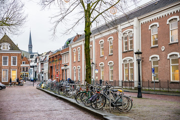 Utrecht, Netherlands - January 08, 2020. Nicolaaskerkhof street with bikes parked by the road
