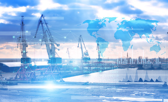 concept, cargo port and crane management using artificial intelligence, distribution of products using the Internet of things and data storage in cloud systems