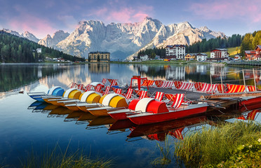 Wonderful Summer view on the Misurina lake with sorapiss group, Belluno, Cortina d Ampezzo,...