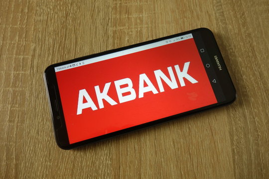 KONSKIE, POLAND - March 16, 2019: Akbank T.A.S logo displayed on smartphone