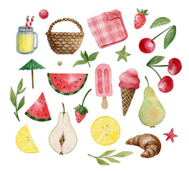 Set of watercolor hand-drawn illustrations of summer theme. Picnic set - basket, lemonade, plaid, fruits, ice cream, leaves.