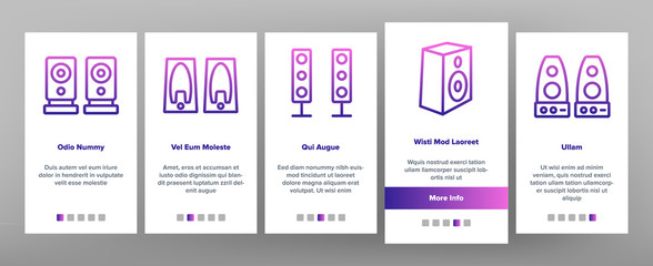 Audio Music Speakers Onboarding Icons Set Vector. Electronic Acoustic Audio Sound Speakers System And Loudspeakers Illustrations