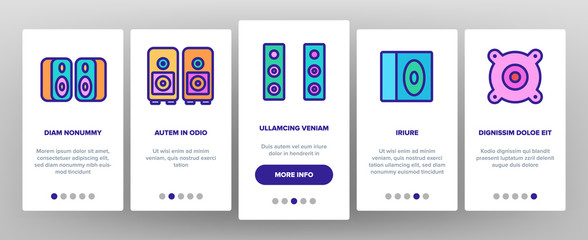 Fototapeta na wymiar Audio Music Speakers Onboarding Icons Set Vector. Electronic Acoustic Audio Sound Speakers System And Loudspeakers Illustrations