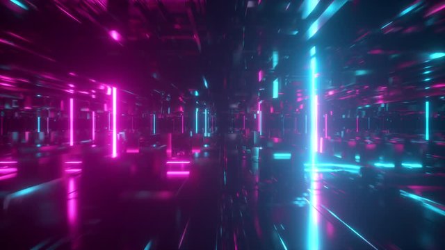 Flying in a technological abstract space with luminous neon tubes. Cyberpunk style. Modern ultraviolet spectrum of light. Blue purple color. Seamless loop 3d render