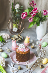 Easter composition with eggs and flowers. Easter holiday concept