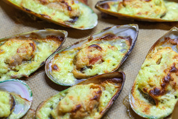 Oven baked mussels in creamy garlic sauce on paper parchment