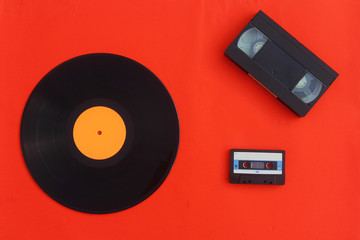 Vinyl record, audio and video cassettes top view