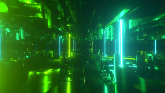 Flying in a technological abstract space with luminous neon tubes. Cyberpunk style. Modern green spectrum of light. Seamless loop 3d render
