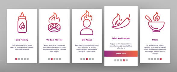 Spicy Sauce And Food Onboarding Icons Set Vector. Spicy Pepper And Chips, Tacos And Sausage, Burning Human And Skull Illustrations