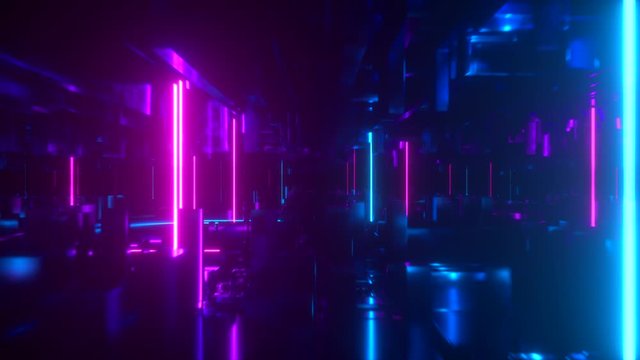 Flying in a technological abstract space with luminous neon tubes. Cyberpunk style. Modern ultraviolet spectrum of light. Blue purple color. Seamless loop 3d render