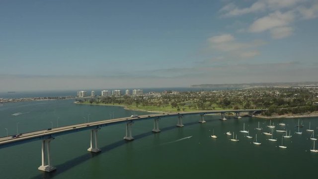 Coronado Bridge in downtown San Diego, wide aerial