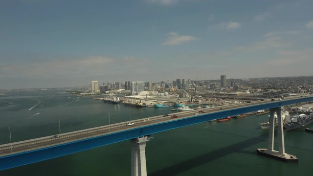 Wide aerial, Coronado Bridge in downtown San Diego