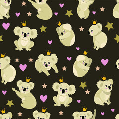 Seamless graphic pattern with the image of koalas on a black background. Vector illustration