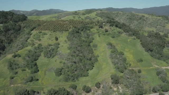 Rolling hill landscape in Ojai, wide aerial