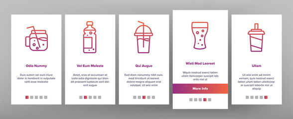 Soda Aqua Beverage Onboarding Icons Set Vector. Soda Bottle And In Glass Cup, With Tube And Ice Cubes, Tacos And Hamburger Illustrations