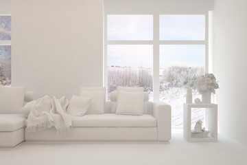 Modern living room in white color with sofa and winter landscape in window. Scandinavian interior design. 3D illustration