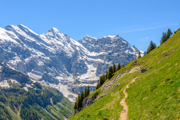 Crossing the Alps. Hiking trail in the Alps. Murren. Switzerland.