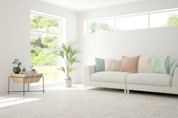 Minimalist living room in white color with sofa and summer landscape in window. Scandinavian interior design. 3D illustration