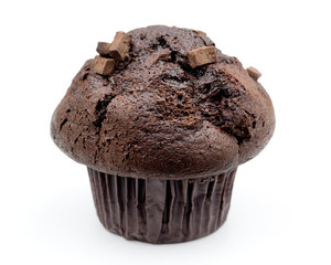 Double chocolate chunk muffin on white