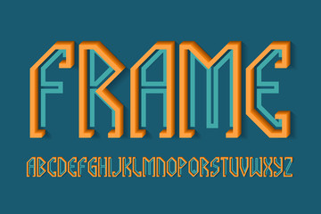 Volumetric frame alphabet of orange blue letters of flat and volumetric parts. 3d display font. Isolated english alphabet.