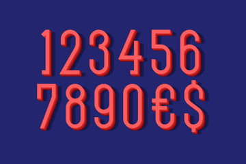 Fototapeta na wymiar Red volumetric numbers and currency signs. 3d display font.