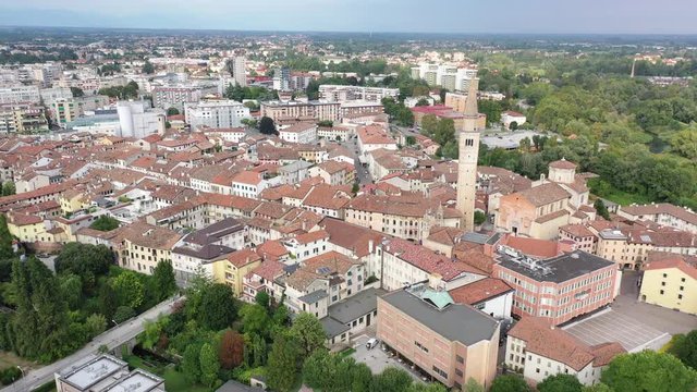 Aerial view of historical center of Pordenone with Duomo Concattedrale di San Marco in sunny autumn day, Italy