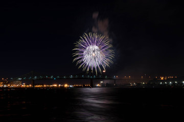 fireworks. Jacques Cartier bridge with fireworks. Montreal Quebec. Fireworks.