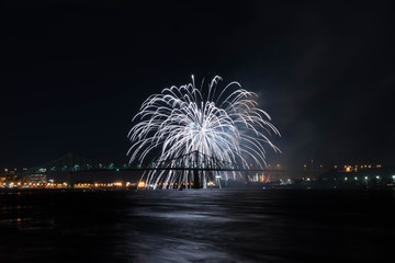 fireworks. Jacques Cartier bridge with fireworks. Montreal Quebec. Fireworks.