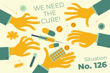 Flat medical illustration on the theme of the epidemic: hands reaching for drugs, syringe, tablets.