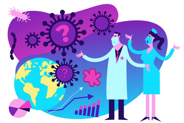 Flat medical illustration on the theme of the epidemic: a doctor and a nurse look at the virus attacking the Earth and helplessly spread their hands.