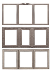 Set of triple silver frames (triptych) for paintings, mirrors or photos isolated on white background