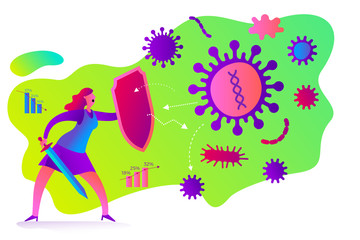 Flat medical illustration on the theme of the epidemic: a man or woman with a shield and a sword protects the body from a viral disease. Viruses. Immune system.