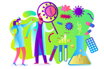 Flat medical illustration on the theme of the epidemic: a doctor and a nurse looking at the virus through a magnifying glass, medicines, tablets, pills, tests, flask. Doctors found a virus in the test