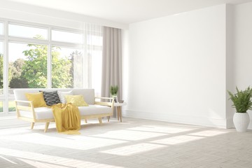 Minimalist living room in white color with sofa and summer landscape in window. Scandinavian interior design. 3D illustration - obrazy, fototapety, plakaty